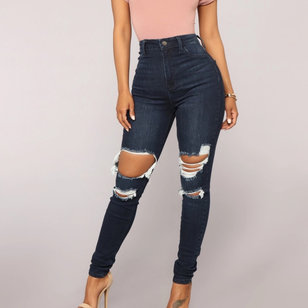 High waisted ripped blue skinny jeans